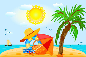 Summer vacation concept. Sand beach island with holiday items. Beach umbrella, hat, bonnet, handbag, towel and inflatable on resort seashore. Rest or summertime things on sands and sunny sky. Vector