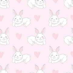 Seamless background. White rabbits. Pattern for valentine's day, easter and mother's day.