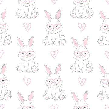 Seamless background. White rabbits. Pattern for valentine's day, easter and mother's day.