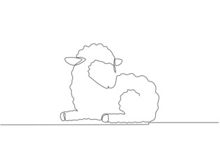 One line drawing of a lying Easter lamb. Vector illustration 