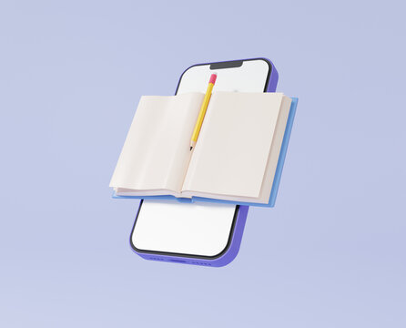 Pencil book floating reading writing learning online education concept on pastel background, Smartphone mockup minimal cartoon. 3d render illutration