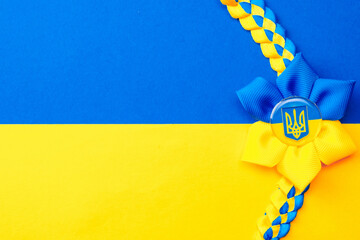 Ukrainian flower trident symbol isolated on yellow blue flag. Yellow and blue banner background,...