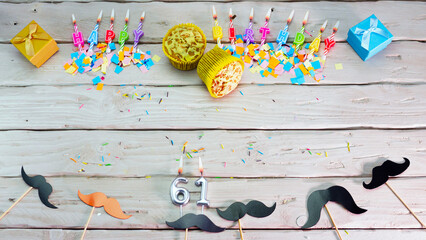 Birthday number 61. Top view happy birthday candles, save space. Mustache barber shop...