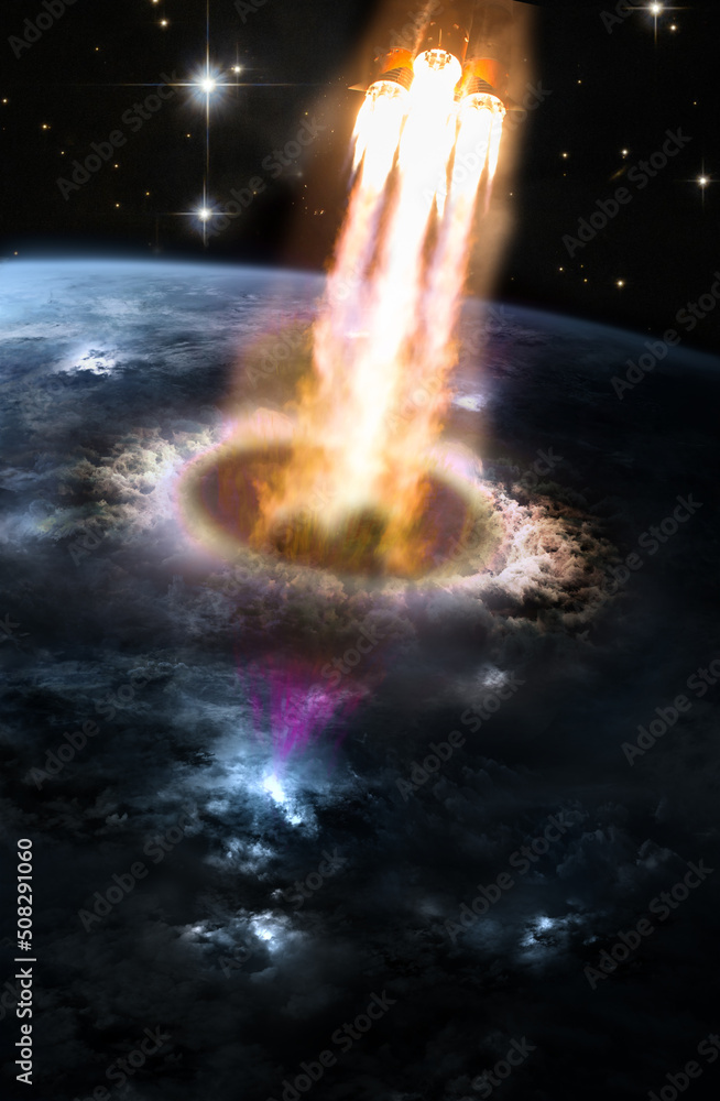 Poster launch of a spacecraft from the planet earth into space through the ozone hole. elements of this ima