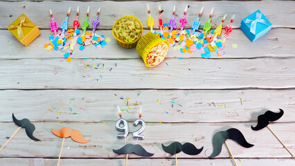 Birthday number 92. Top view happy birthday candles, save space. Mustache barber shop congratulations on your birthday.
