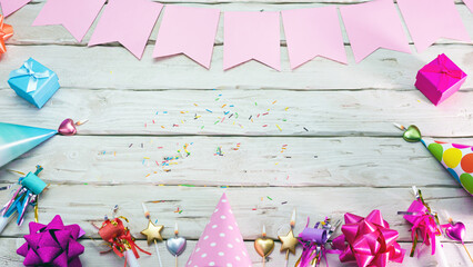 Happy birthday copyspace. Beautiful card in pastel pink colors for a woman or a girl. Decorations...