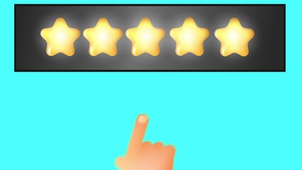 Rate us. Cartoon Hand puts stars rated on a blue screen. Animation of a customer who is satisfied with the service. stock 4k video with a laudatory comment affecting the reputation.