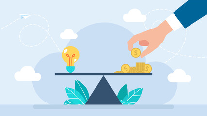 Businessman pays for a creative idea. Artist's work. Decent pay for creative work. Light Bulb ideas and money balance on the scale. Value of idea. Business concept. Flat style. Illustration.