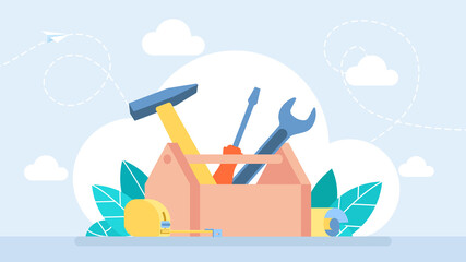 Workman's toolkit. Toolbox with instruments inside. Tool chest with hand tools. Workbox in flat style. Set building tools repair. Hammer, screwdriver, tape measure. Business illustration - obrazy, fototapety, plakaty