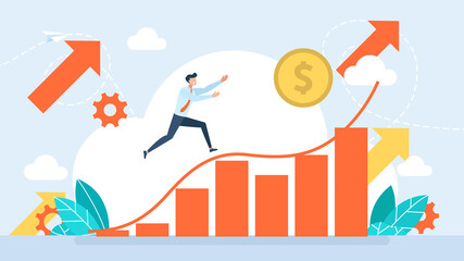 Tiny character runs for money. Exchange rate growth. Rising prices. Depreciation of money. Online Currency Exchange or Stock Investments Technology. Flat design. Business illustration.