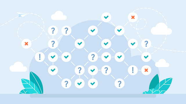 The structure of finding solutions to business problems. Business chart web finance faq concept. Flowchart icon. The question, answer. Illustration for UI, mobile app, web. Flat design