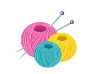 Yarn ball and knitting needles isolated on white background. Vector illustration of skein of thread. Vector cartoon flat illustration.