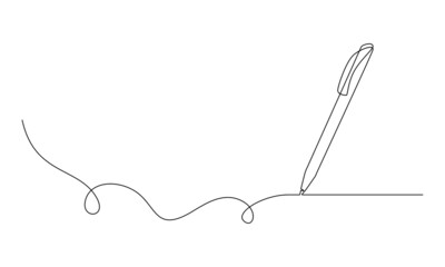 One continuous line drawing of pen writing wave thin stroke. Pencil symbol of study and education concept in simple linear style. Contour icon. Doodle vector illustration