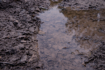 Mud and puddle after torrential rains and floods.