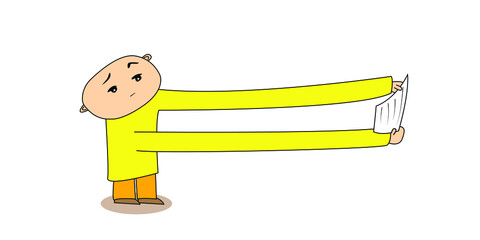 A man with poor eyesightvtries to read the text on his outstretched hands.