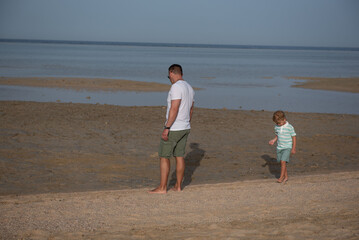 Rear view of father and son walking on the beach