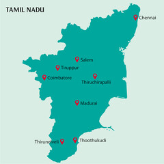 Metro Cities in Indian State Tamilnadu Pinned in the Tamilnadu Map Vector illustration