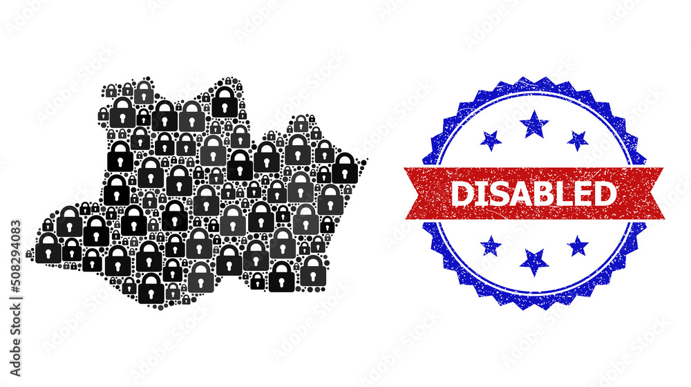 Poster security mosaic map of amazonas state, and bicolor rubber disabled seal. vector stamp seal has disab
