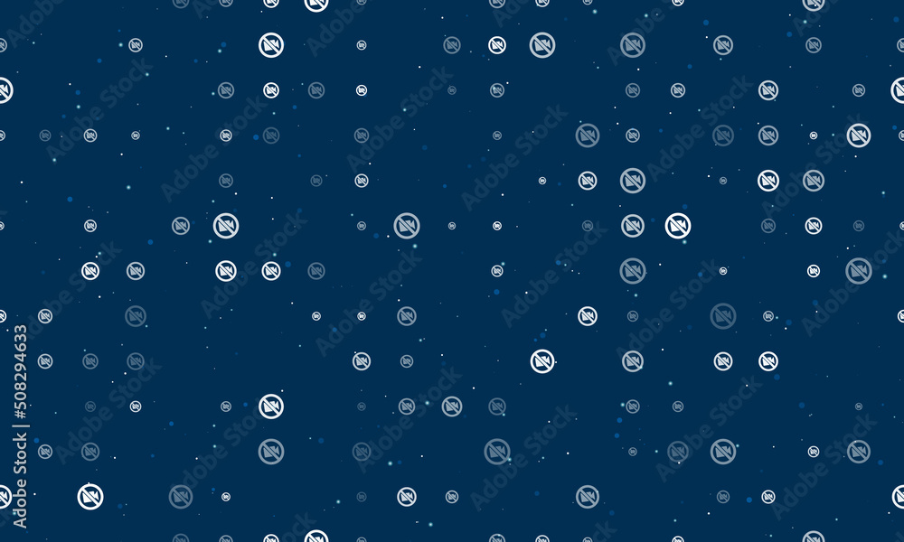 Poster seamless background pattern of evenly spaced white no video symbols of different sizes and opacity. 