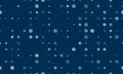 Seamless background pattern of evenly spaced white no video symbols of different sizes and opacity. Vector illustration on dark blue background with stars