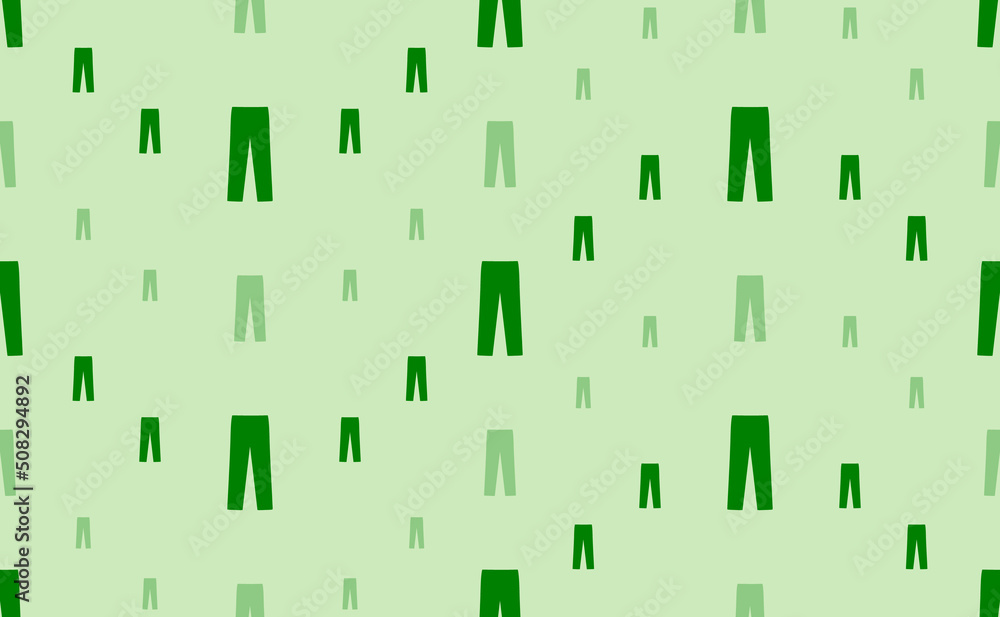 Poster Seamless pattern of large and small green pants symbols. The elements are arranged in a wavy. Vector illustration on light green background