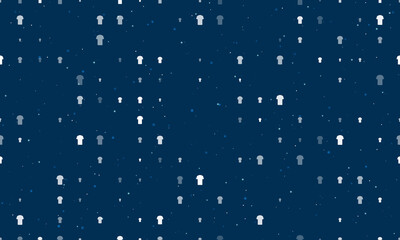 Seamless background pattern of evenly spaced white t-shirt symbols of different sizes and opacity. Vector illustration on dark blue background with stars
