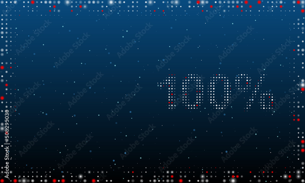 Poster on the right is the 100 percent symbol filled with white dots. pointillism style. abstract futuristi