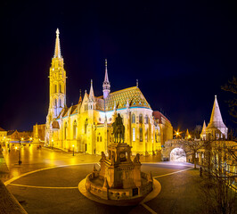 The night panorama of the bastion courtyard with the monument to St Stephen in the middle and...