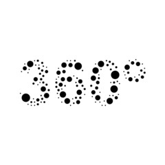 A large 360 degree symbol in the center made in pointillism style. The center symbol is filled with black circles of various sizes. Vector illustration on white background