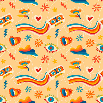Psychedelic seamless patterns in retro 70s style, groovy hippie backgrounds. Teenage cartoon funky print with abstract bright colors, stars, sun, music cassette, rainbow