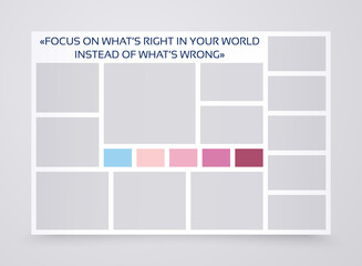 Fototapeta premium Collage template. Moodboard grid. Mood board banner. Montage photo images. Mosaic pictures album layout. Photomontage frames with quote. Horizontal design of gallery mockup. Vector simple illustration