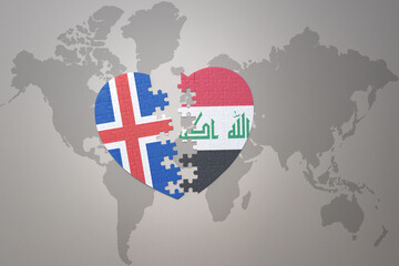 puzzle heart with the national flag of iraq and iceland on a world map background. Concept.