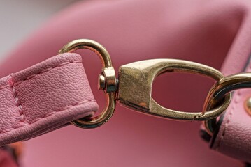 one yellow metal latch with a ring on the strap of a leather bag