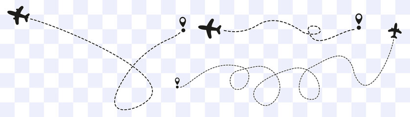 Airplane routes on transparent background. Romantic travel concept. Airplane line path, vector icon of air plane flight route on white background. Vector illustration. © vector_ukraine