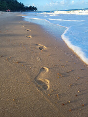 Footsteps on beautiful beach at dawn, sunset