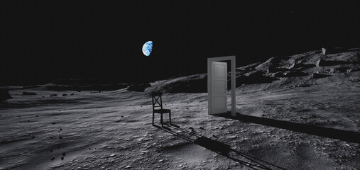 Fototapeta na wymiar chair and door on the surface of the moon.the earth visible from the moon