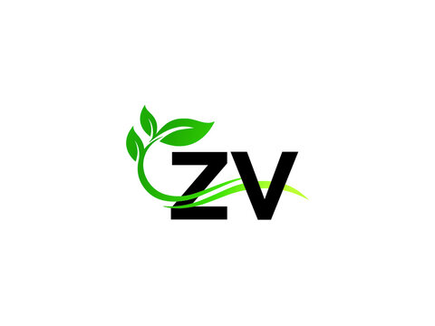 Colorful ZV Logo Icon, Letter Zv vz Green Logo Image Design With green tree and leaf
