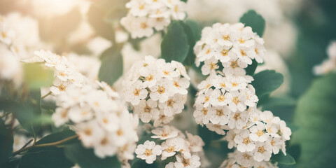 Fototapeta premium Bush Vanhoutte spirea in sunlight. Beautiful spring blooming shrub with many white flowers. Spirea arguta blossoming. Selective focus. Art romantic image. Banner