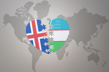 puzzle heart with the national flag of uzbekistan and iceland on a world map background. Concept.