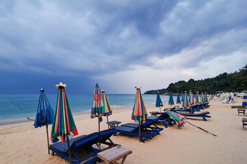 Fototapeta premium Sea Beach with sunloungers and umbrellas.