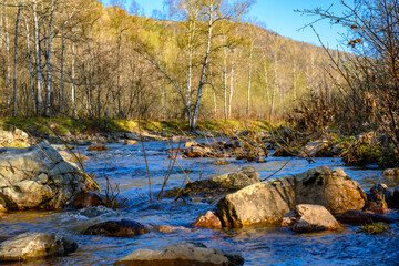Fototapeta premium South Ural rough river with a unique landscape, vegetation and diversity of nature.