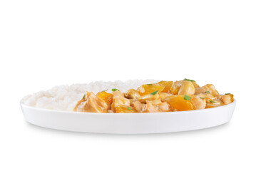 Mango Teriyaki chicken with rice in a plate on a white isolated background