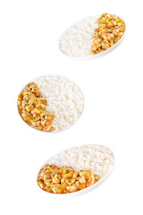 Mango Teriyaki chicken with rice in a plate on a white isolated background
