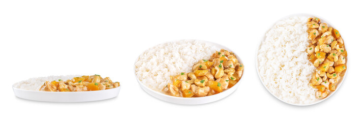 Mango Teriyaki chicken with rice in a plate on a white isolated background
