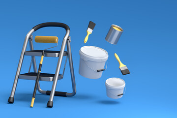 Set of metal cans or buckets with paint roller, brush and folding ladder on blue