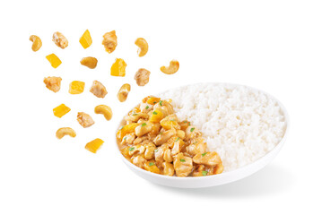 Mango Teriyaki chicken with rice in a plate on a white isolated background