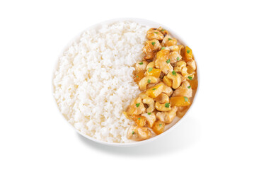 Fototapeta na wymiar Mango Teriyaki chicken with rice in a plate on a white isolated background