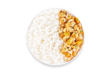Fototapeta na wymiar Mango Teriyaki chicken with rice in a plate on a white isolated background