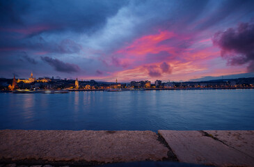 Danube River at blue hour twilight in city of Budapest, Hungary,