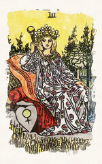 Warmed Colored Watercolor Painting Of The Empress Tarot Card From The Rider-Waite-Smith Traditional Tarot Deck Depicting A Queen Sitting On A Comfortable Throne Carved With A Venus Sign, Holding A Rod
